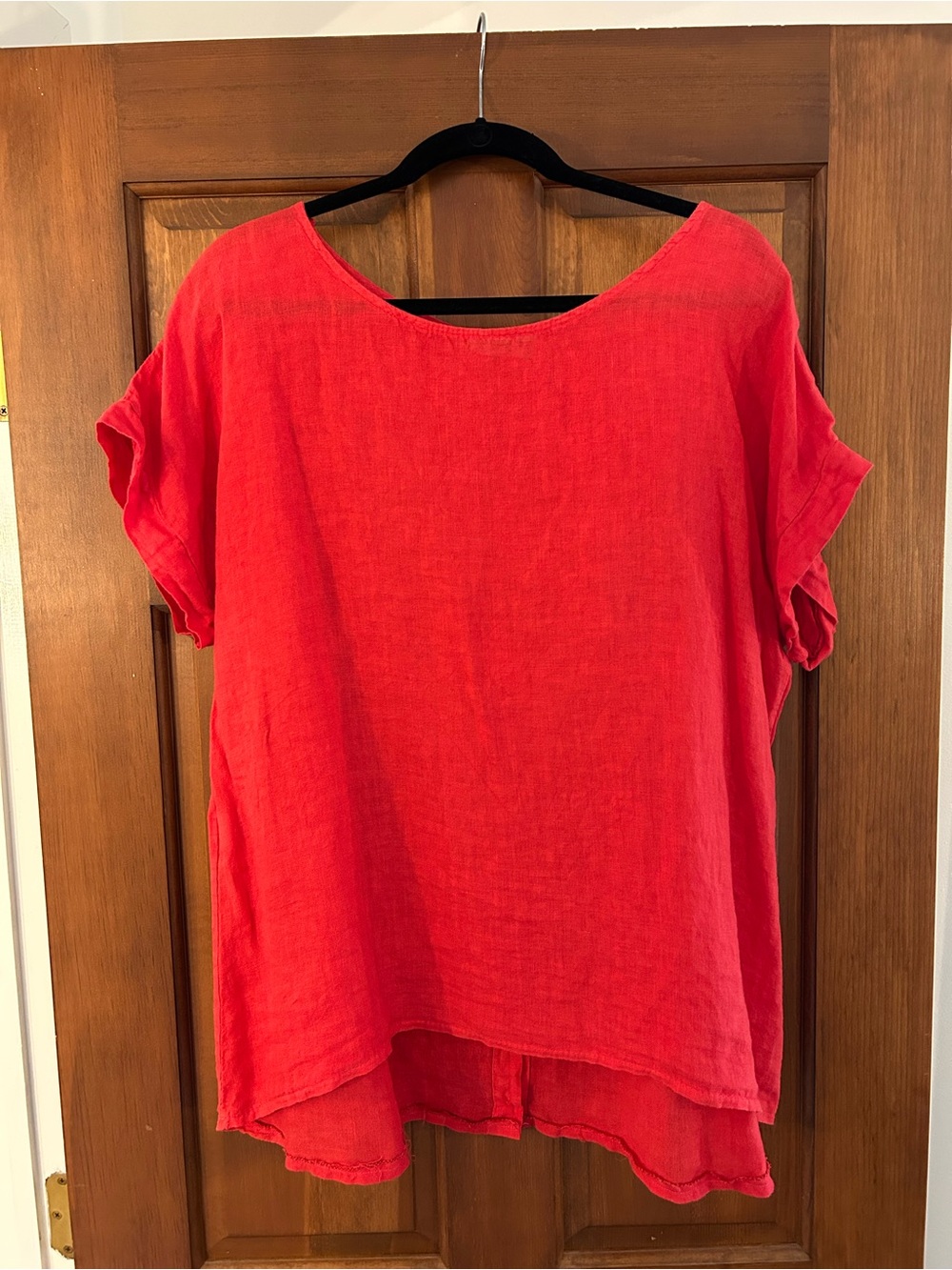 Red Women's Linen Blend Short Sleeve Top
